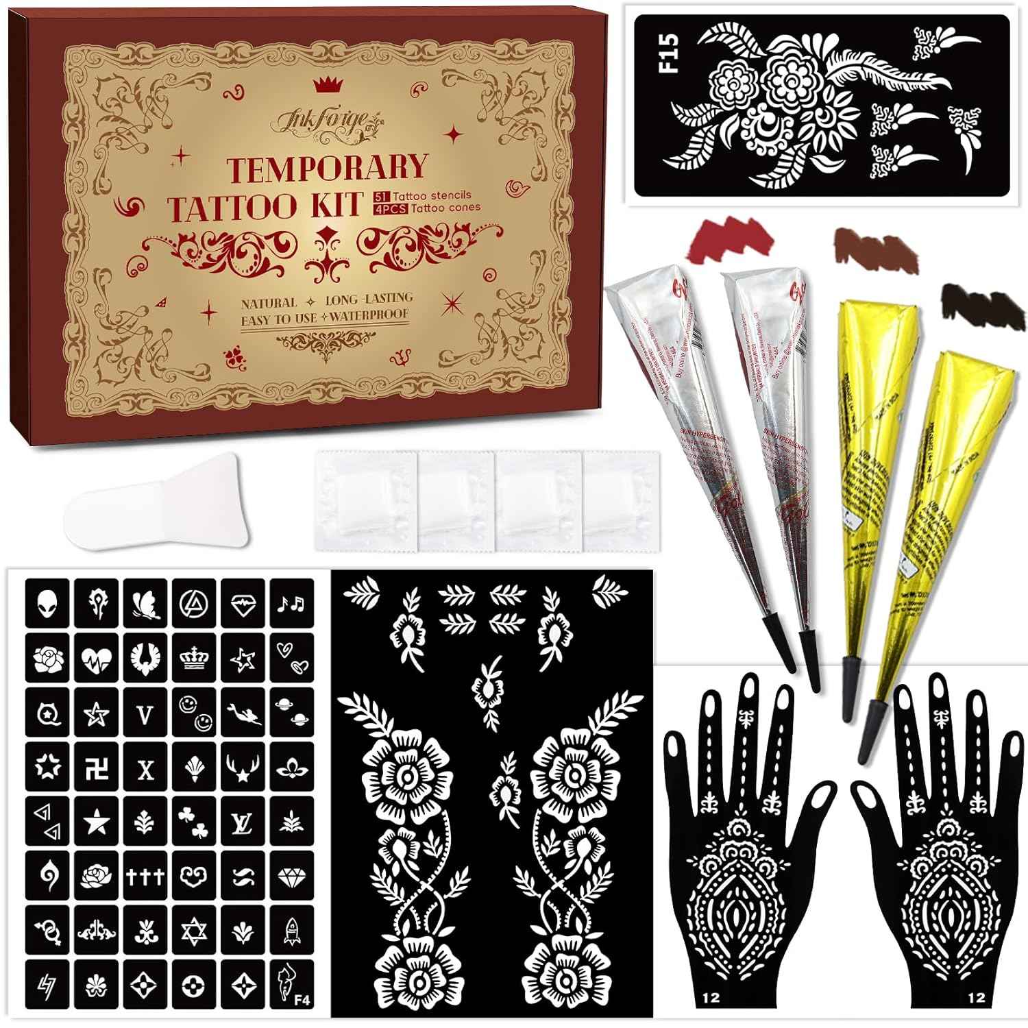Tattoo Stencil Kit - 4 Transfer Inks, Brush & Gloves for Professional DIY Temporary Body Art. For Parties, Adults & Kids - Yopela