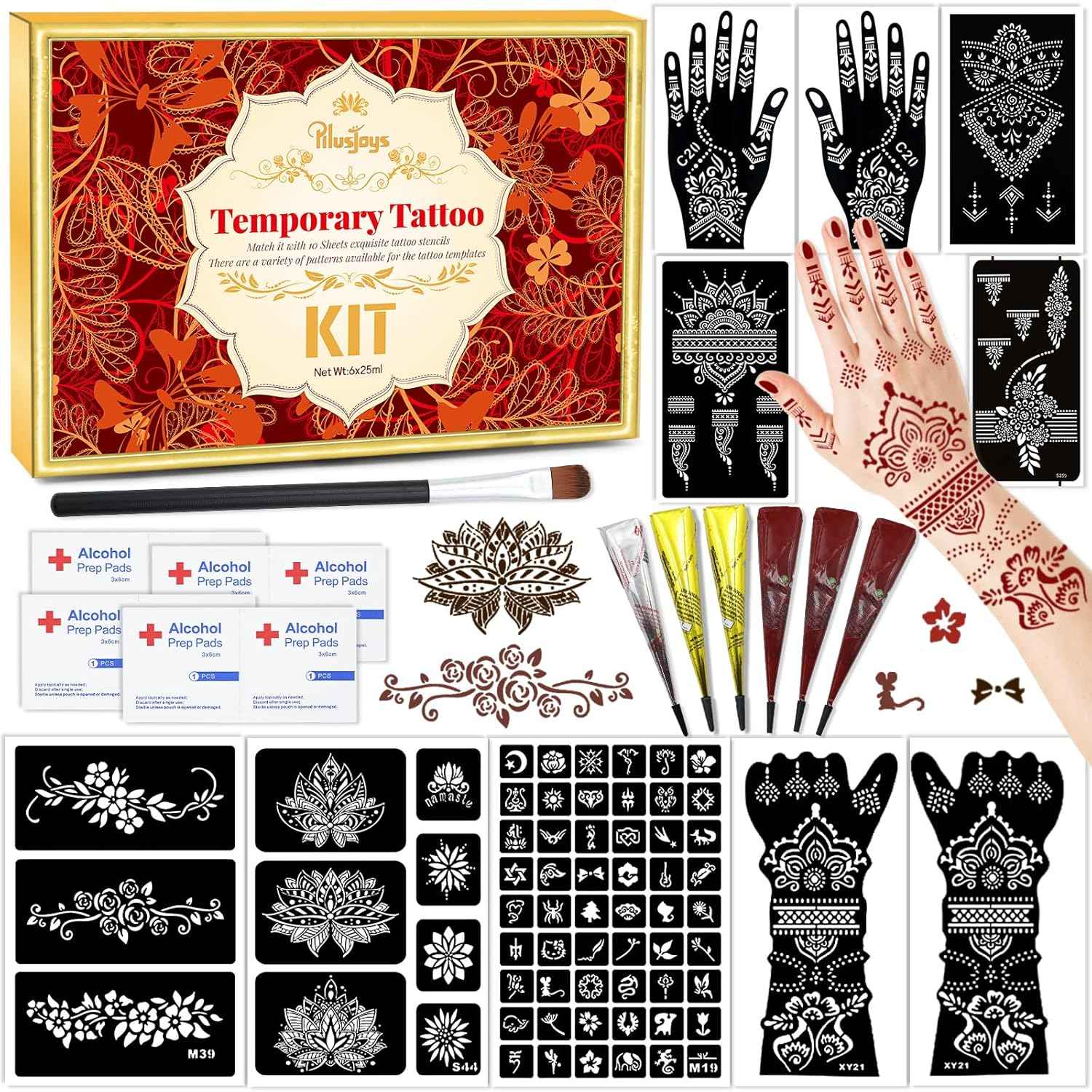 Temporary Tattoo Stencil Kit - 10 Large Hand & Arm Design Sheets & 6 Color Inks for Professional, Non-Toxic DIY Body Art for Adults & Kids - Yopela