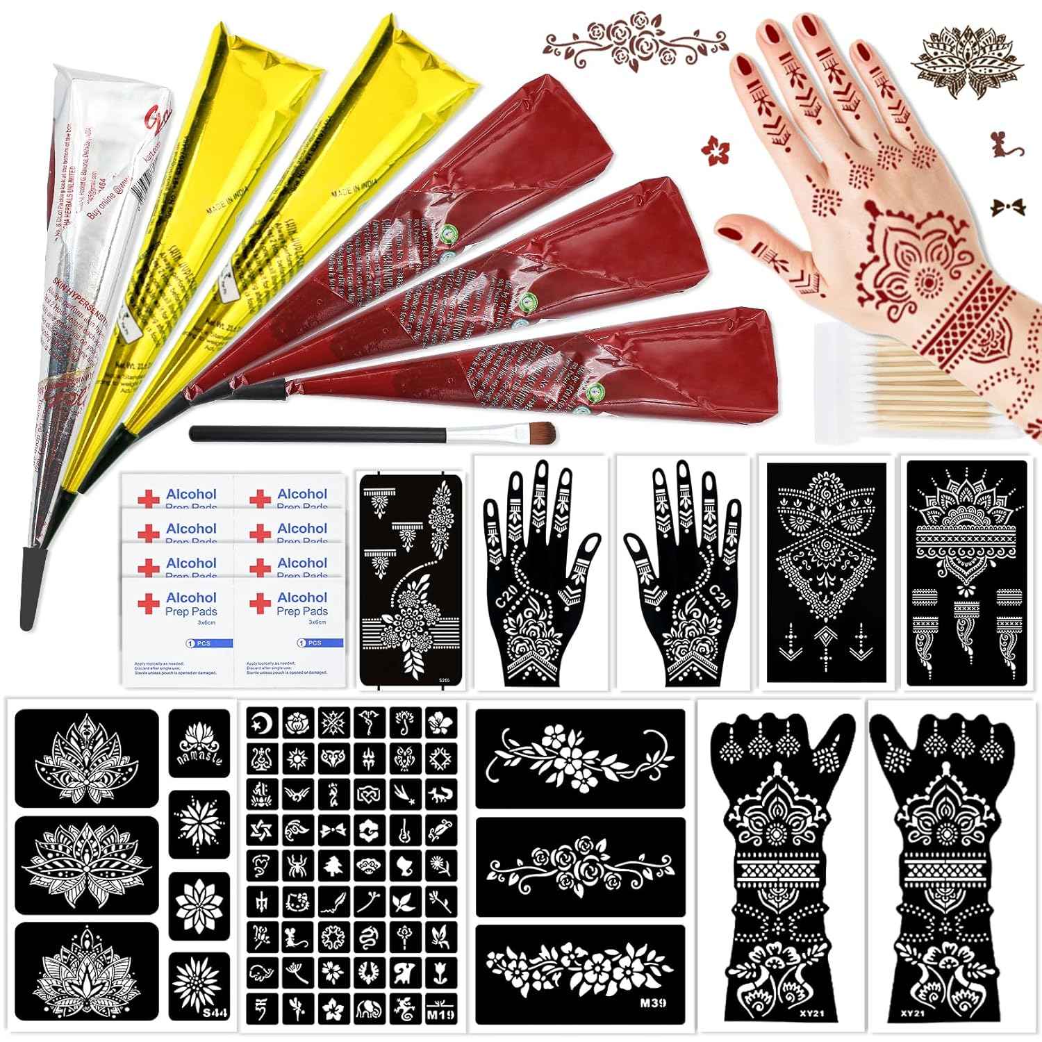 Pro Tattoo Stencil Kit: 10 Design Sheets + 6 Inks (Blk/Brn/Red) with Brush & Swabs | DIY Temporary Body Art for Adults & Kids - Yopela