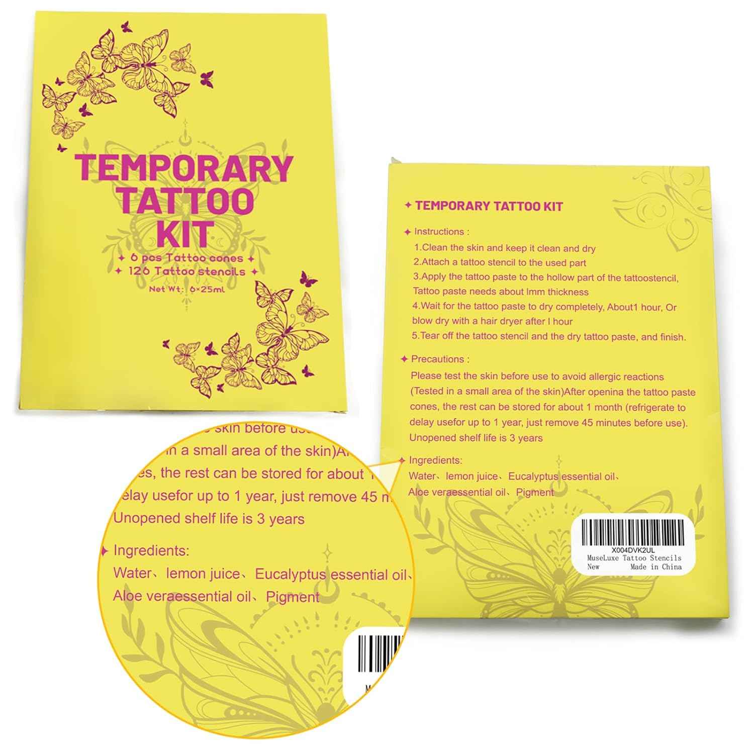 126 PCS Temporary Tattoos Kit with 6 Pcs 2 Color Ink and Gloves for Body Art DIY - Yopela