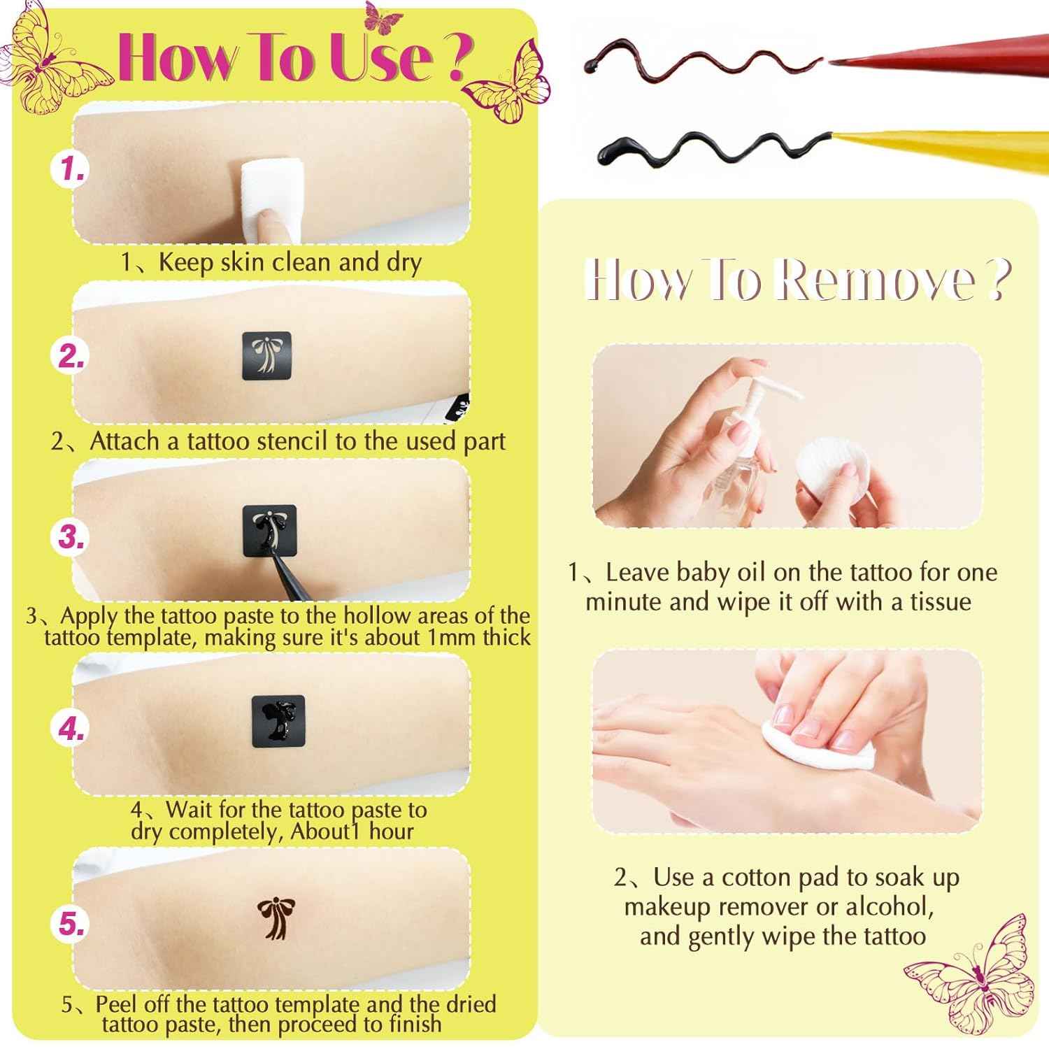 126 PCS Temporary Tattoos Kit with 6 Pcs 2 Color Ink and Gloves for Body Art DIY - Yopela