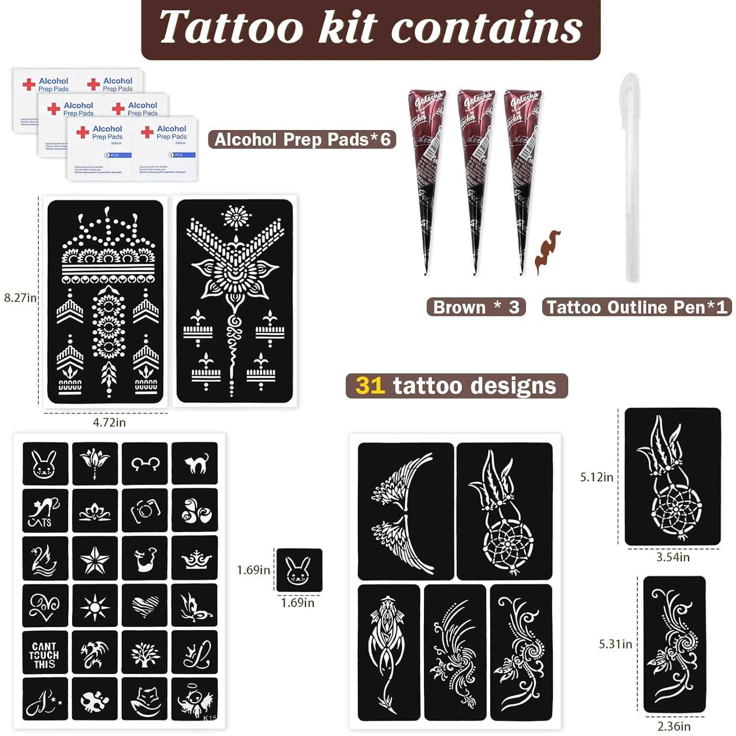 Temporary Tattoos Kit - 3 Brown Tattoo Cones, 4 Reusable Templates, and 1 Outline Pen for DIY Waterproof Body Art for Men and Women - Yopela