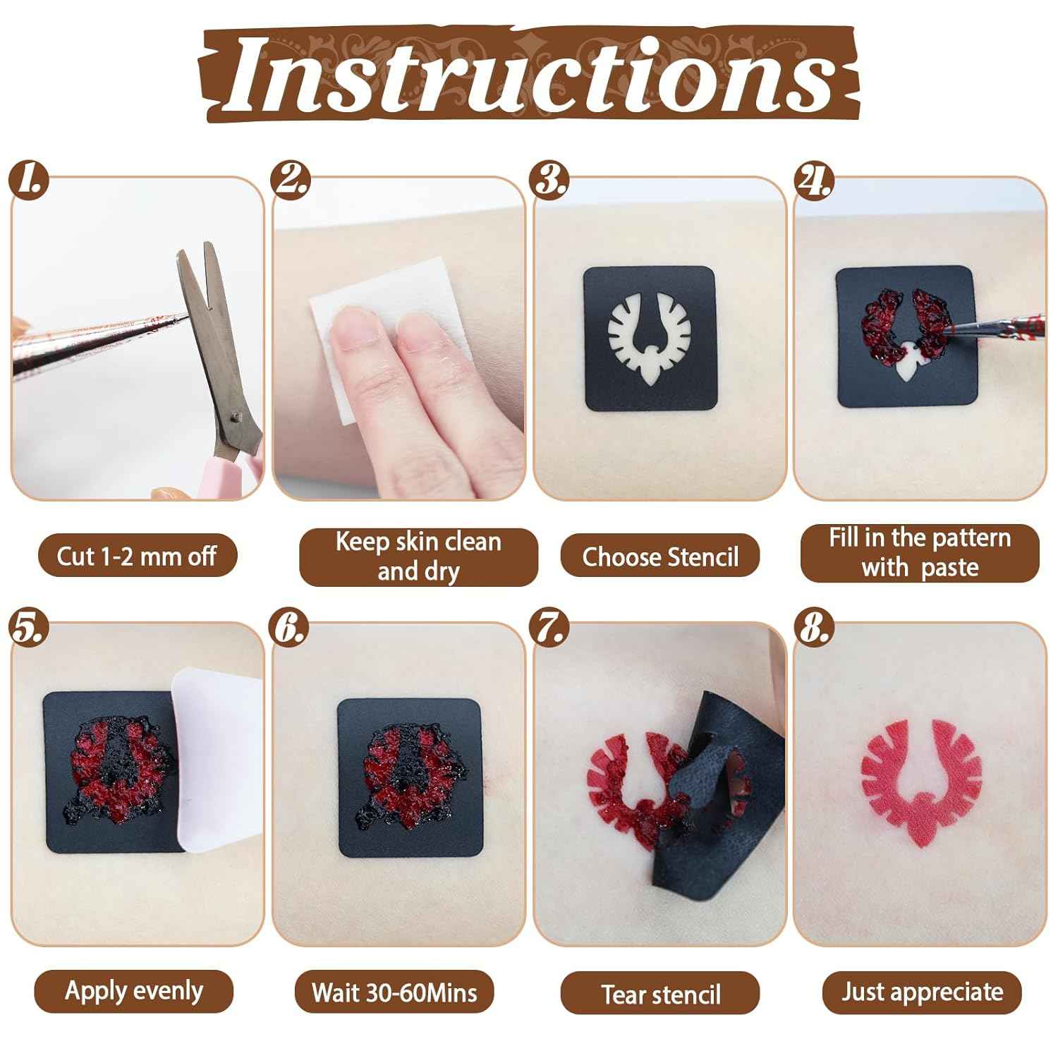 Tattoo Stencil Kit - 4 Transfer Inks, Brush & Gloves for Professional DIY Temporary Body Art. For Adults, Kids & Beginners - Yopela