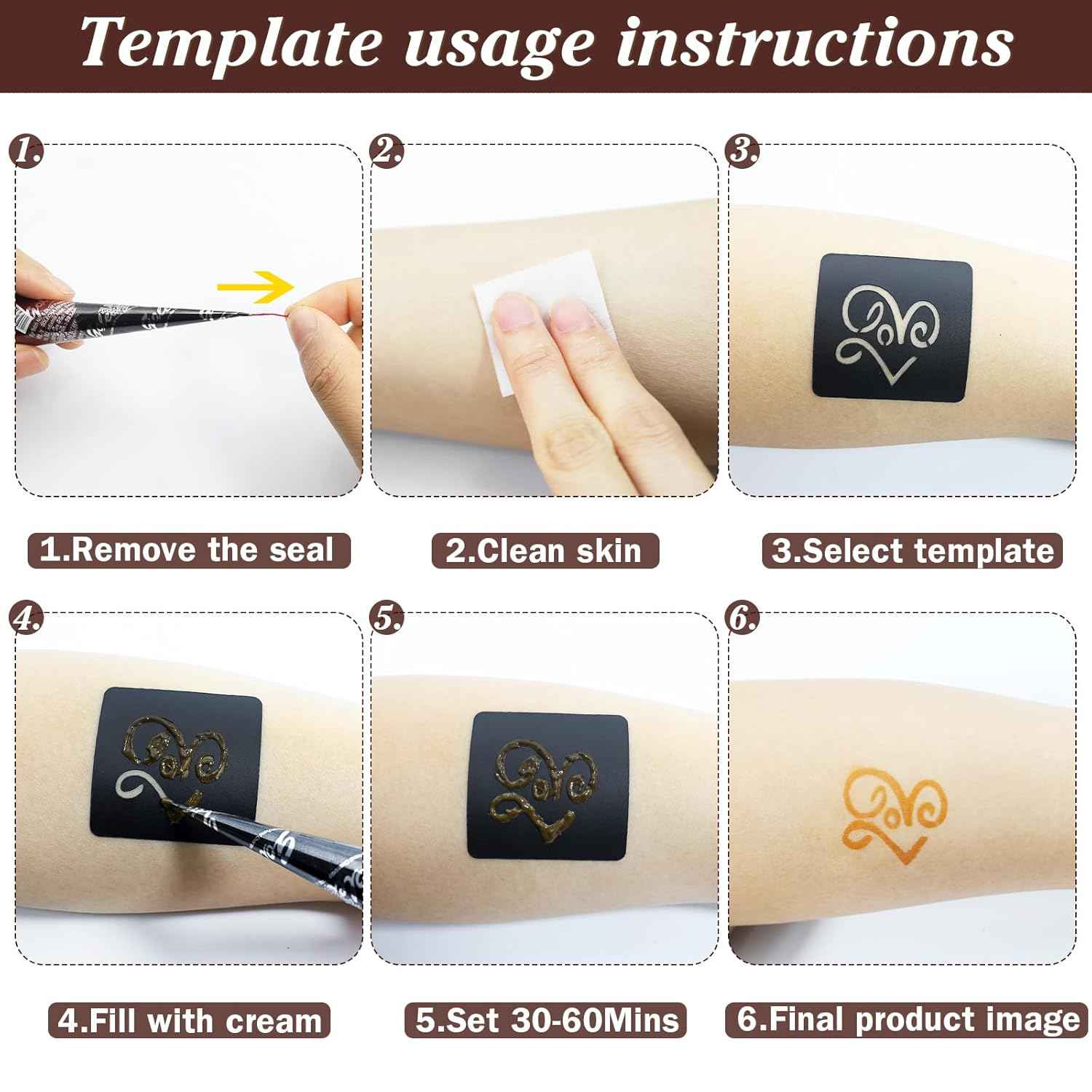 Temporary Tattoos Kit - 3 Brown Tattoo Cones, 4 Reusable Templates, and 1 Outline Pen for DIY Waterproof Body Art for Men and Women - Yopela