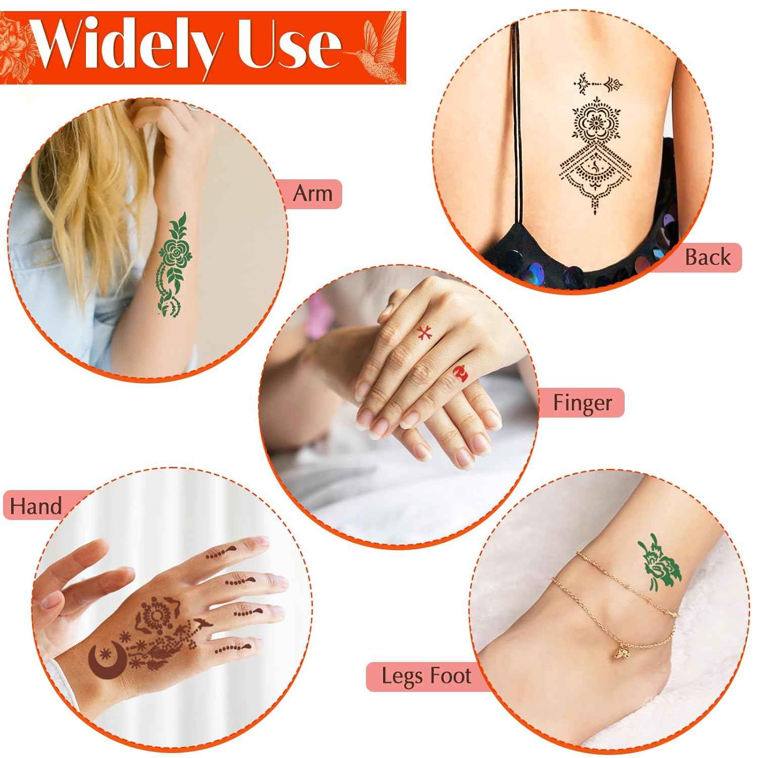 Temporary Tattoos Kit - 8 Pcs Stencils in 4 Colors (Brown, Black, Cherry Red, Green) with Ink and Gloves, DIY Body Art for Adults and Kids - Yopela