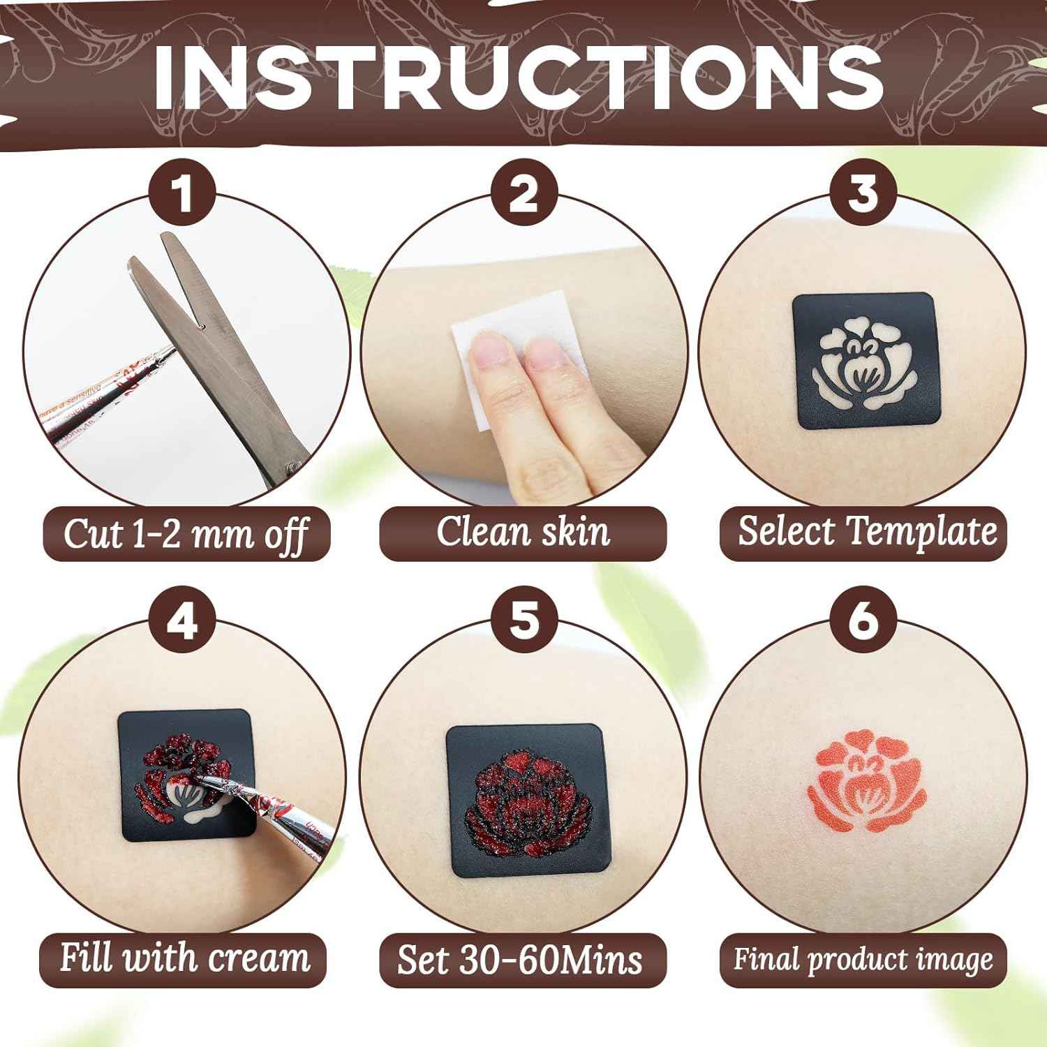 Pro Tattoo Stencil Kit: 10 Design Sheets + 6 Inks (Blk/Brn/Red) with Brush & Swabs | DIY Temporary Body Art for Adults & Kids - Yopela