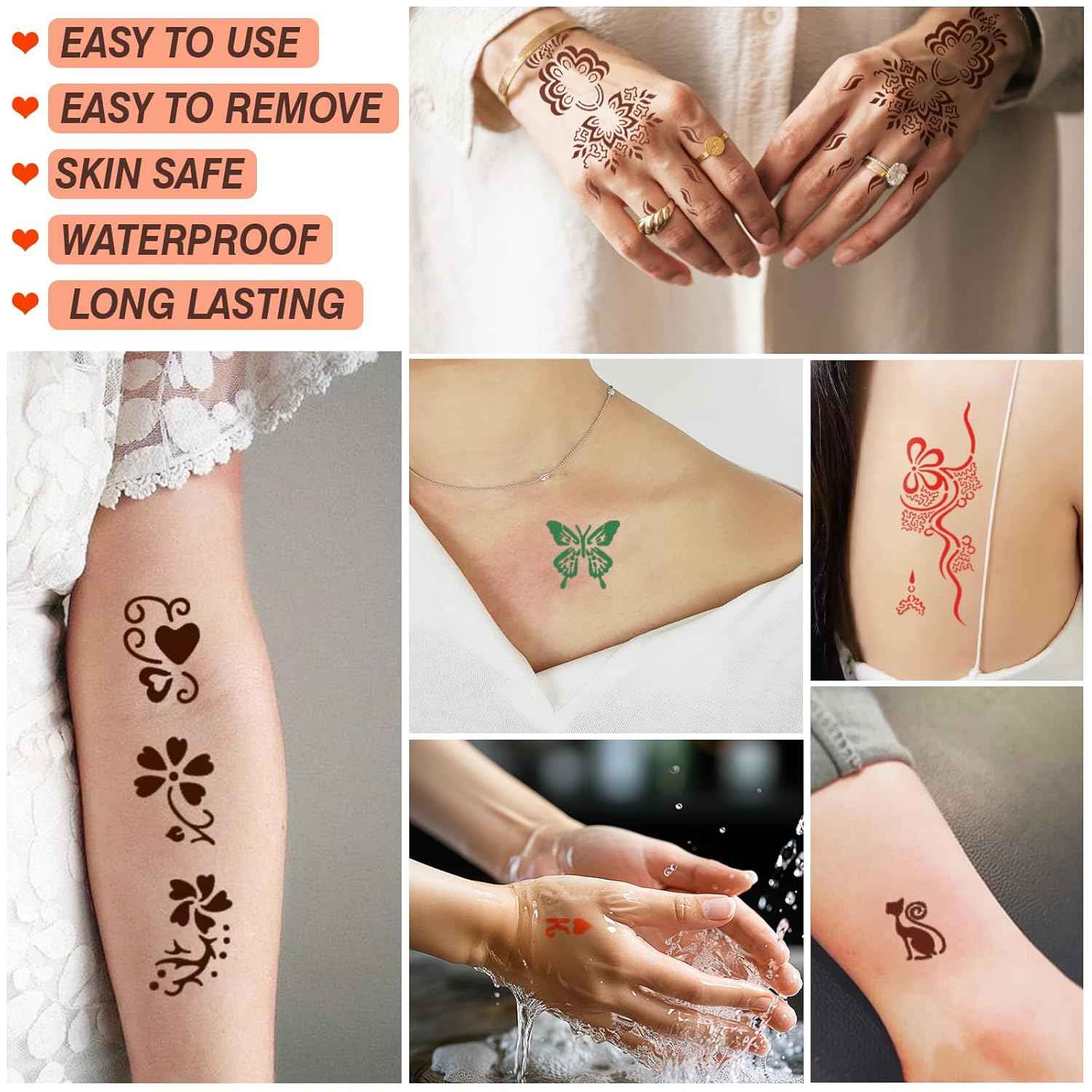 Temporary Tattoos Kit - 8 Pcs Stencils in 4 Colors (Brown, Black, Cherry Red, Green) with Ink and Gloves, DIY Body Art for Adults and Kids - Yopela