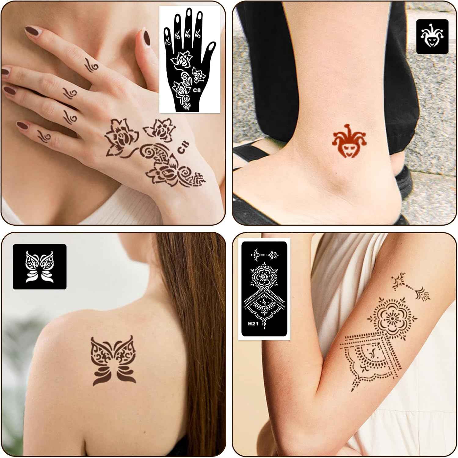 Henna Tattoo Stencils Kit 18 Sheets,Henna Stencils for Hands Temporary Tattoo Stickers for Women and Girls Face Paint Body Art