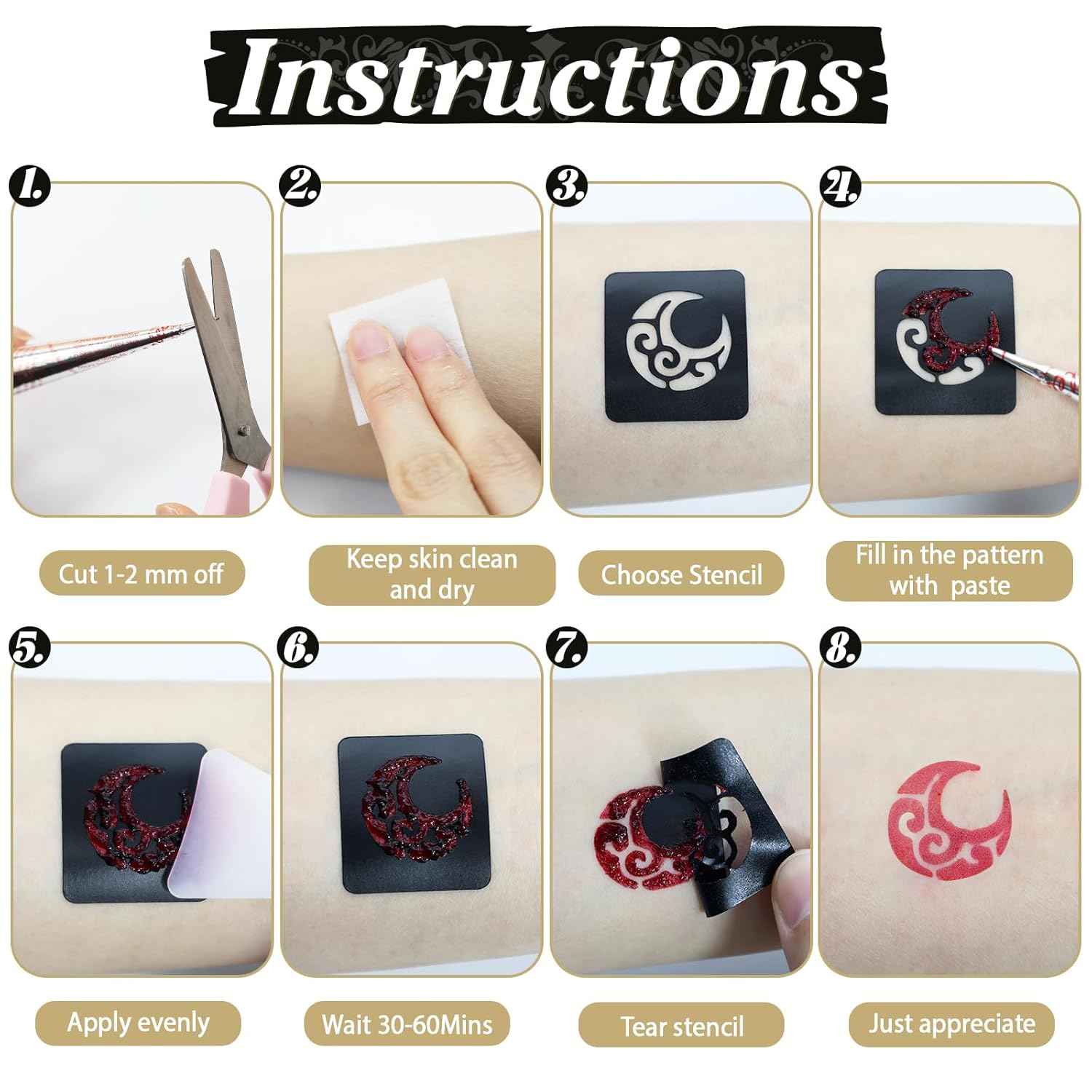 Pro Tattoo Stencil Kit: 4 Inks (2 Blk/1 Mrn/1 Red) with Brush & Gloves | Easy DIY Temporary Body Art for Adults, Kids & Parties - Yopela