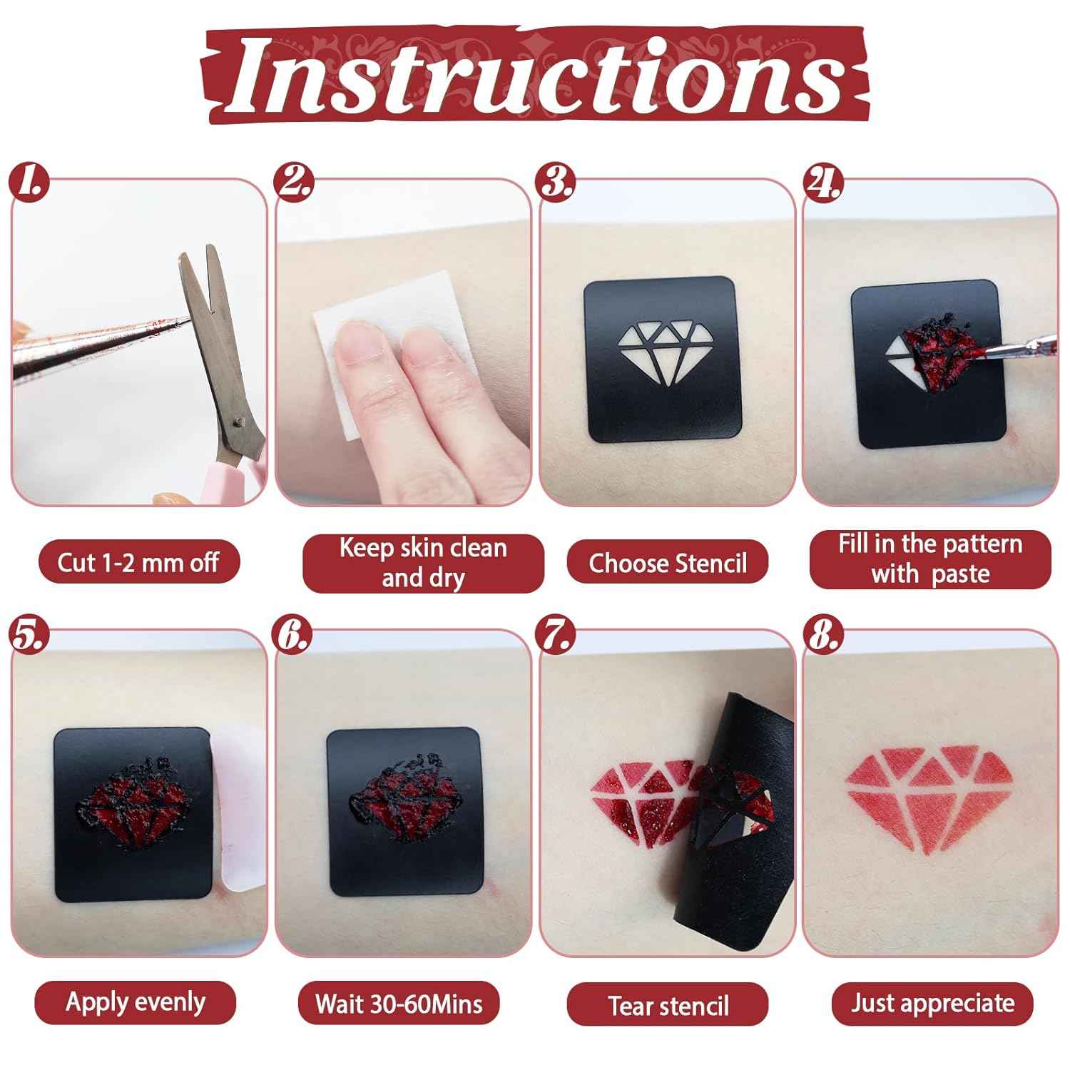 Tattoo Stencil Kit - 4 Transfer Inks, Brush & Gloves for Professional DIY Temporary Body Art. For Parties, Adults & Kids - Yopela