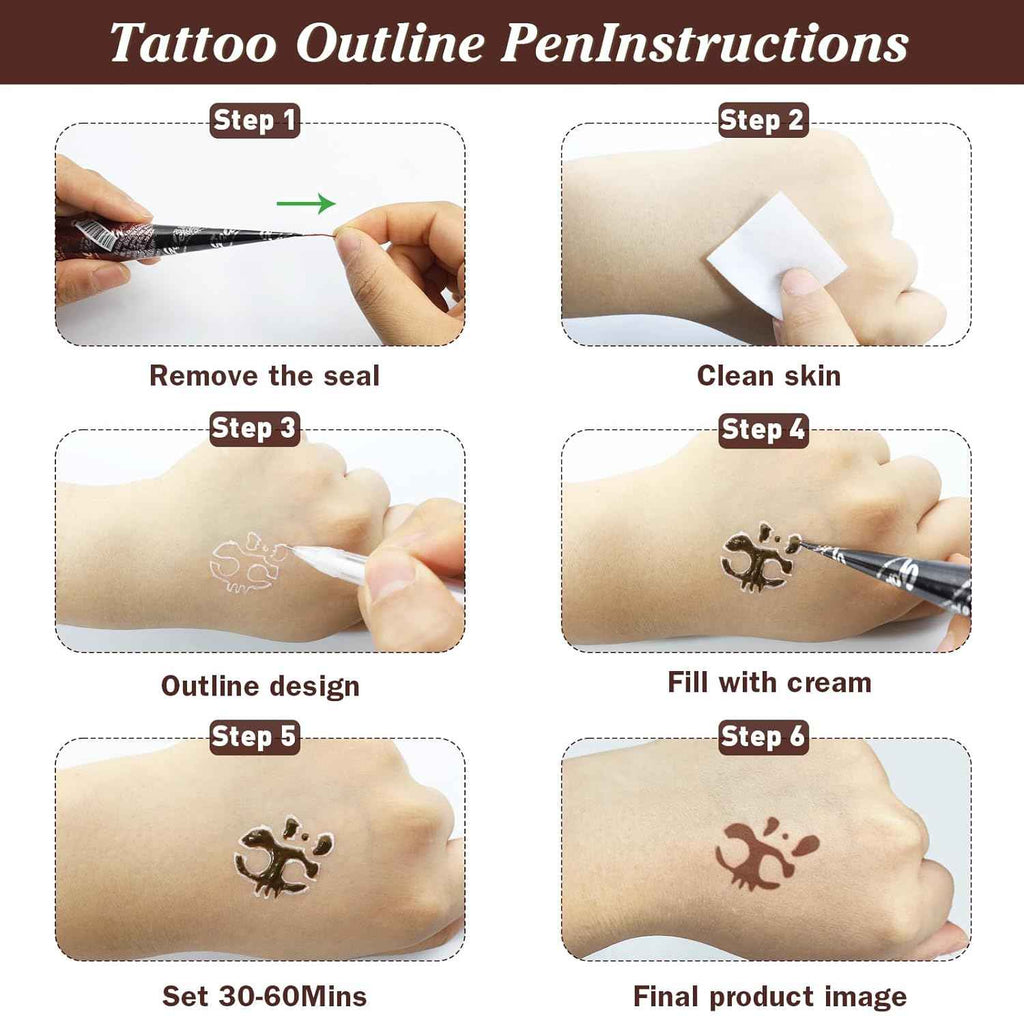 Temporary Tattoos Kit - 3 Brown Tattoo Cones, 4 Reusable Templates, and 1 Outline Pen for DIY Waterproof Body Art for Men and Women - Yopela