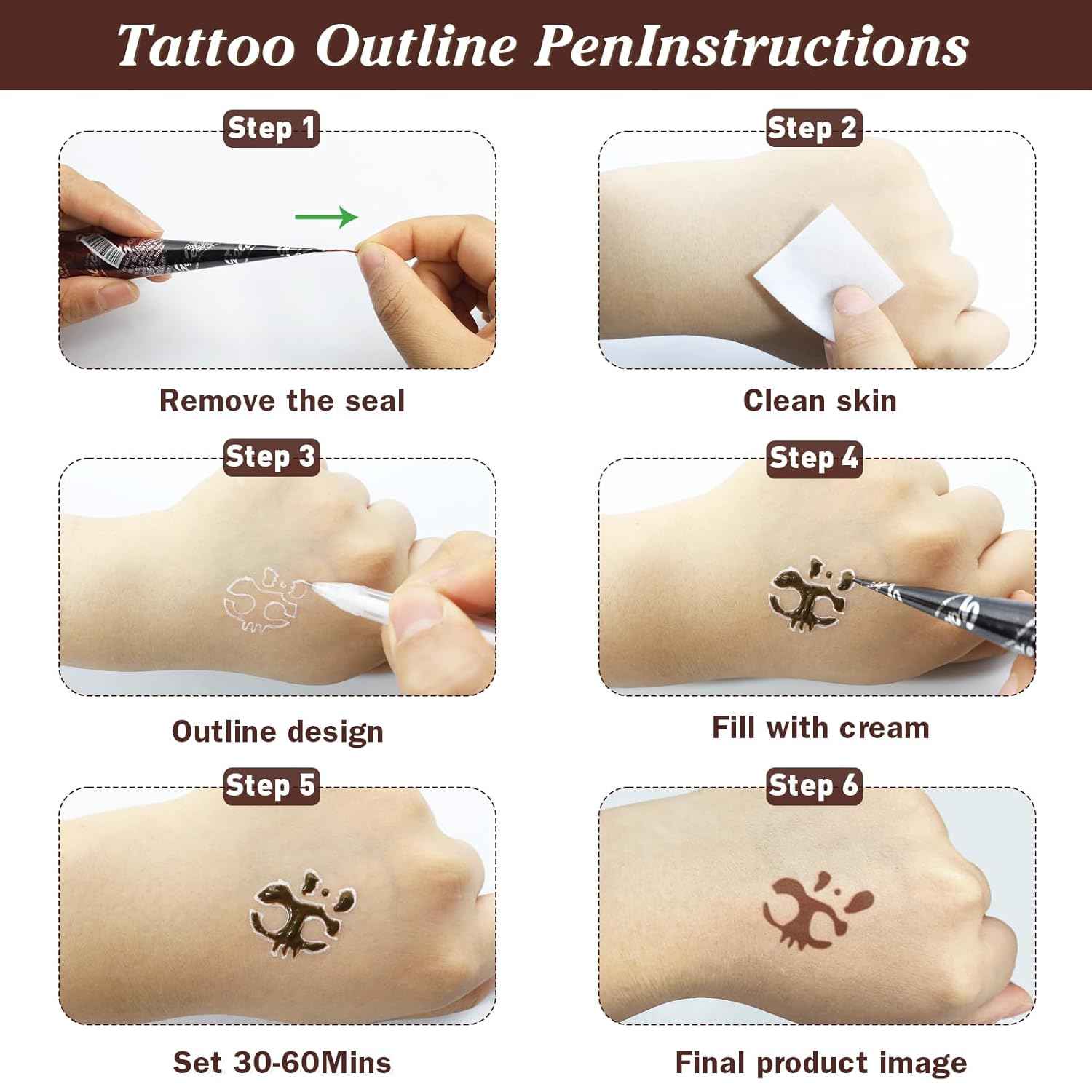 Temporary Tattoos Kit - 3 Brown Tattoo Cones, 4 Reusable Templates, and 1 Outline Pen for DIY Waterproof Body Art for Men and Women - Yopela