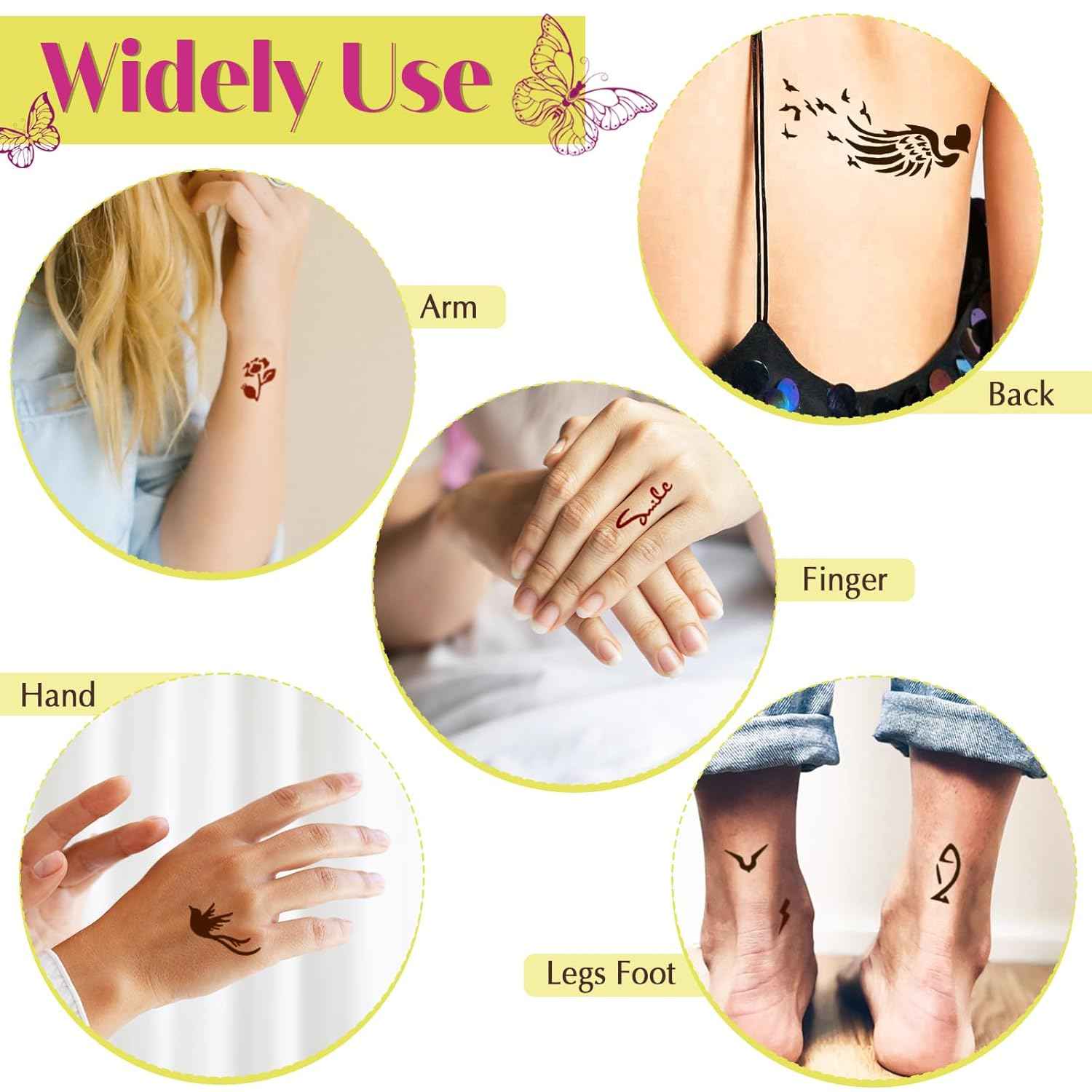 126 PCS Temporary Tattoos Kit with 6 Pcs 2 Color Ink and Gloves for Body Art DIY - Yopela