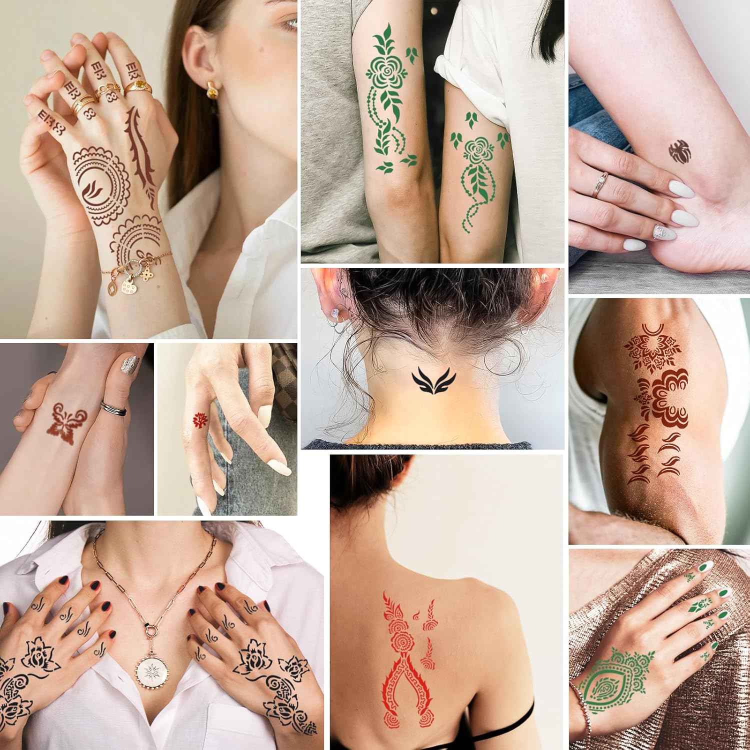 Temporary Tattoos Kit - 8 Pcs Stencils in 4 Colors (Brown, Black, Cherry Red, Green) with Ink and Gloves, DIY Body Art for Adults and Kids - Yopela