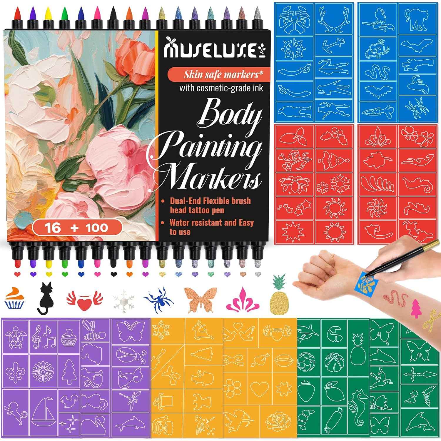 Temporary Tattoo Markers for Skin,Dual-End 16 Count Tattoo Pens(9 Classic/7 Matte Colors)+ 100 Stencils,Body Markers Art for Adults and Kids, Cosmetic-Grade