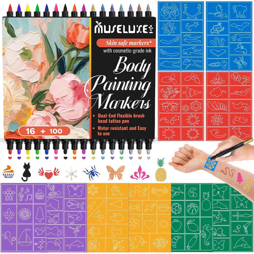 Temporary Tattoo Markers for Skin,Dual-End 16 Count Tattoo Pens(9 Classic/7 Matte Colors)+ 100 Stencils,Body Markers Art for Adults and Kids, Cosmetic-Grade
