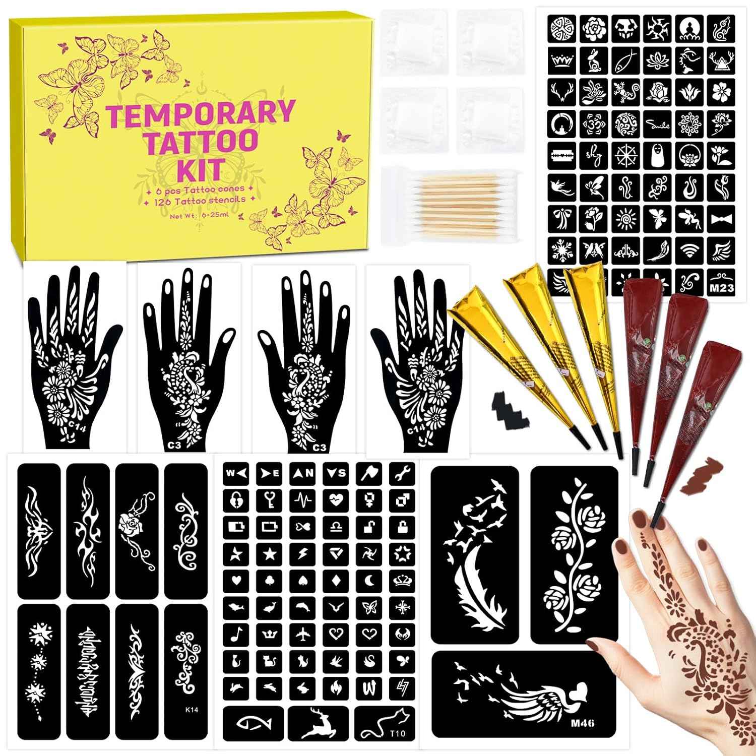 126 PCS Temporary Tattoos Kit with 6 Pcs 2 Color Ink and Gloves for Body Art DIY - Yopela