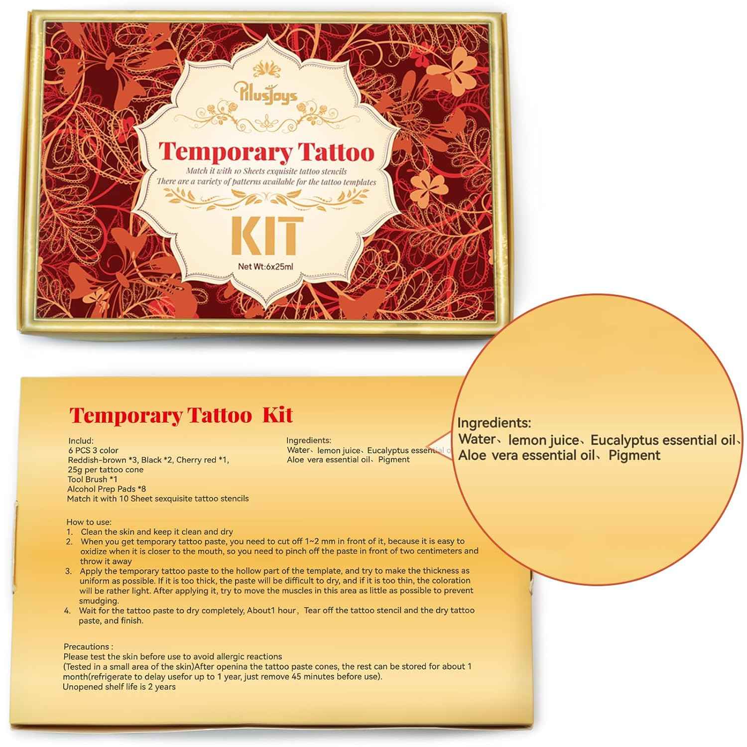 Temporary Tattoo Stencil Kit - 10 Large Hand & Arm Design Sheets & 6 Color Inks for Professional, Non-Toxic DIY Body Art for Adults & Kids - Yopela