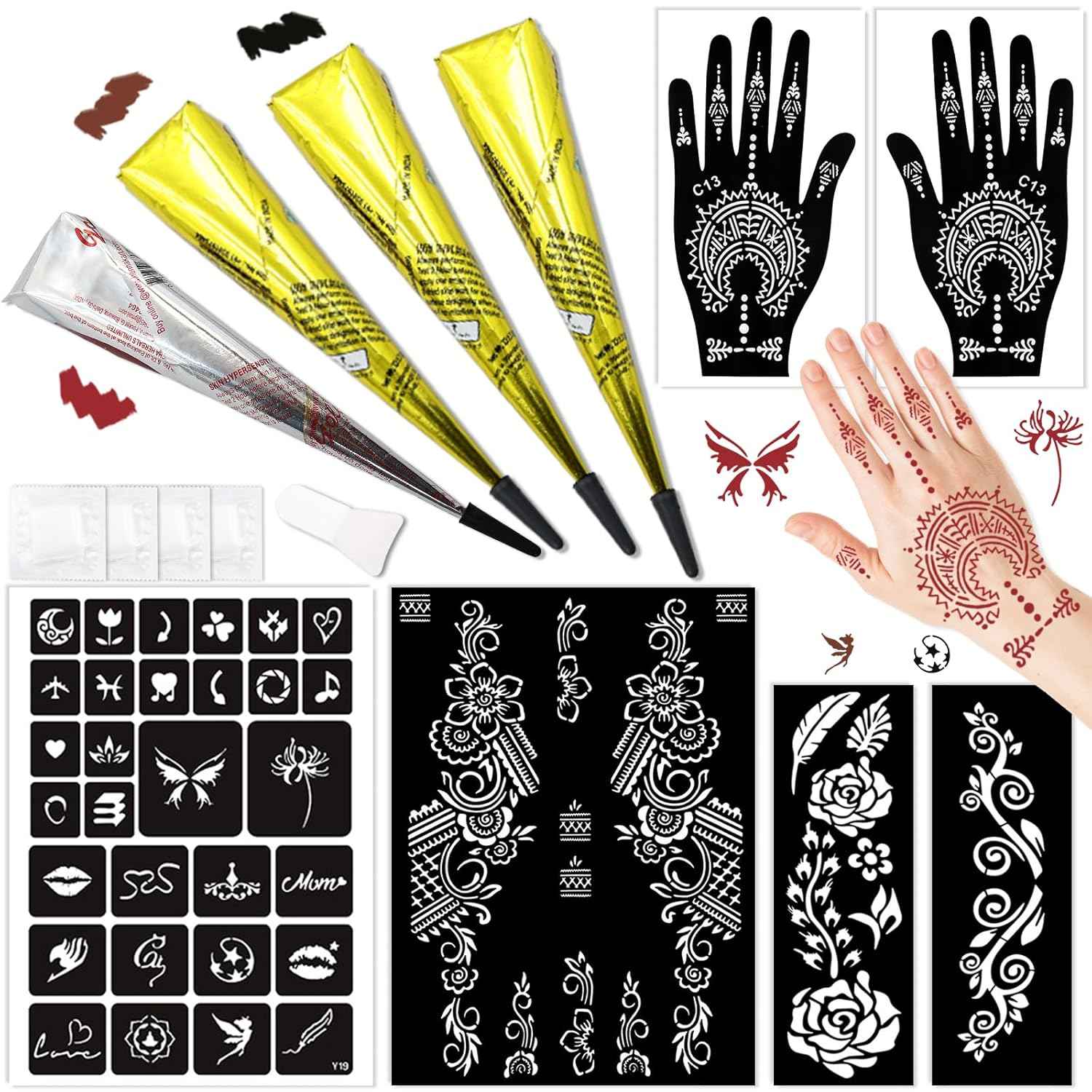 Pro Tattoo Stencil Kit: 4 Inks (2 Blk/1 Mrn/1 Red) with Brush & Gloves | Easy DIY Temporary Body Art for Adults, Kids & Parties - Yopela