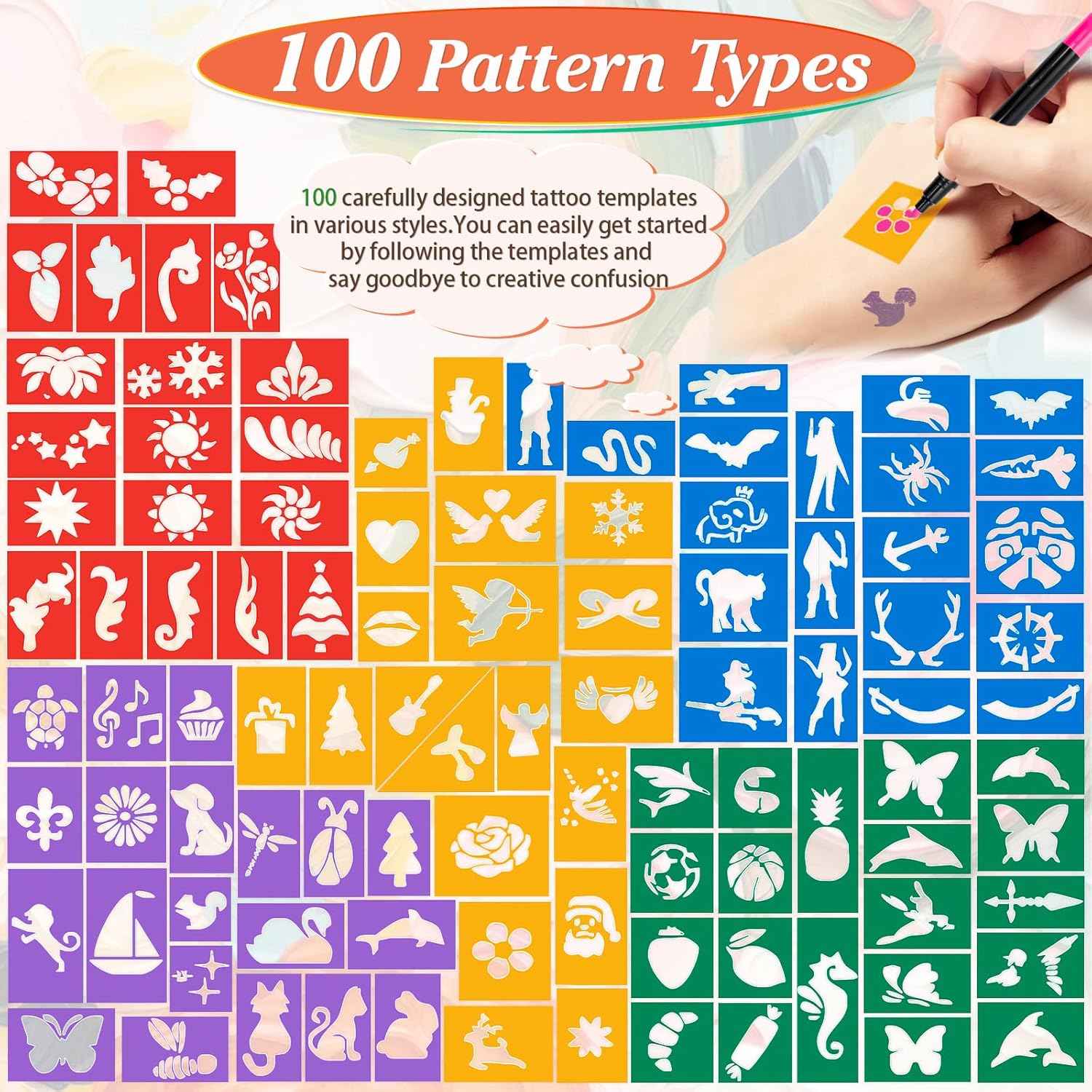 Temporary Tattoo Markers for Skin,Dual-End 16 Count Tattoo Pens(9 Classic/7 Matte Colors)+ 100 Stencils,Body Markers Art for Adults and Kids, Cosmetic-Grade