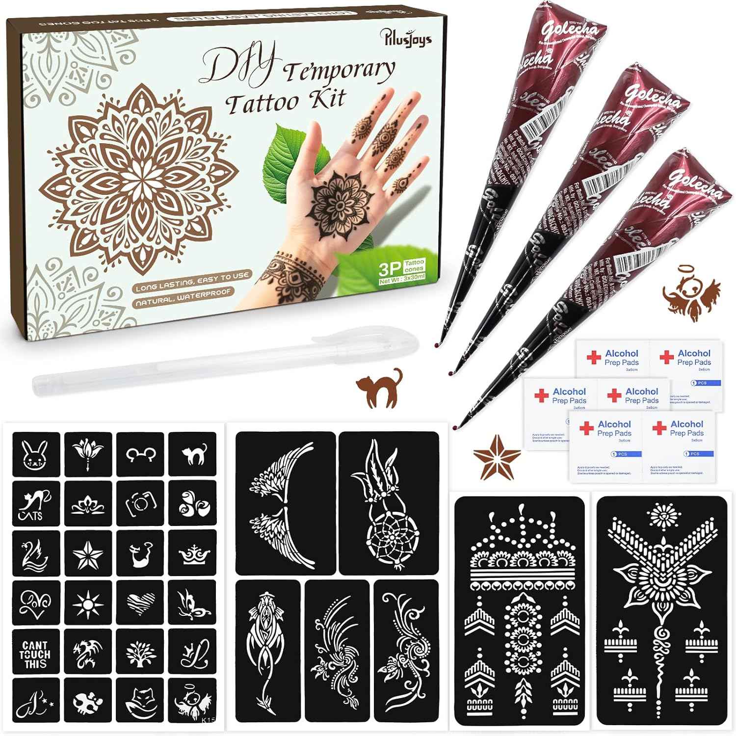 Temporary Tattoos Kit - 3 Brown Tattoo Cones, 4 Reusable Templates, and 1 Outline Pen for DIY Waterproof Body Art for Men and Women - Yopela