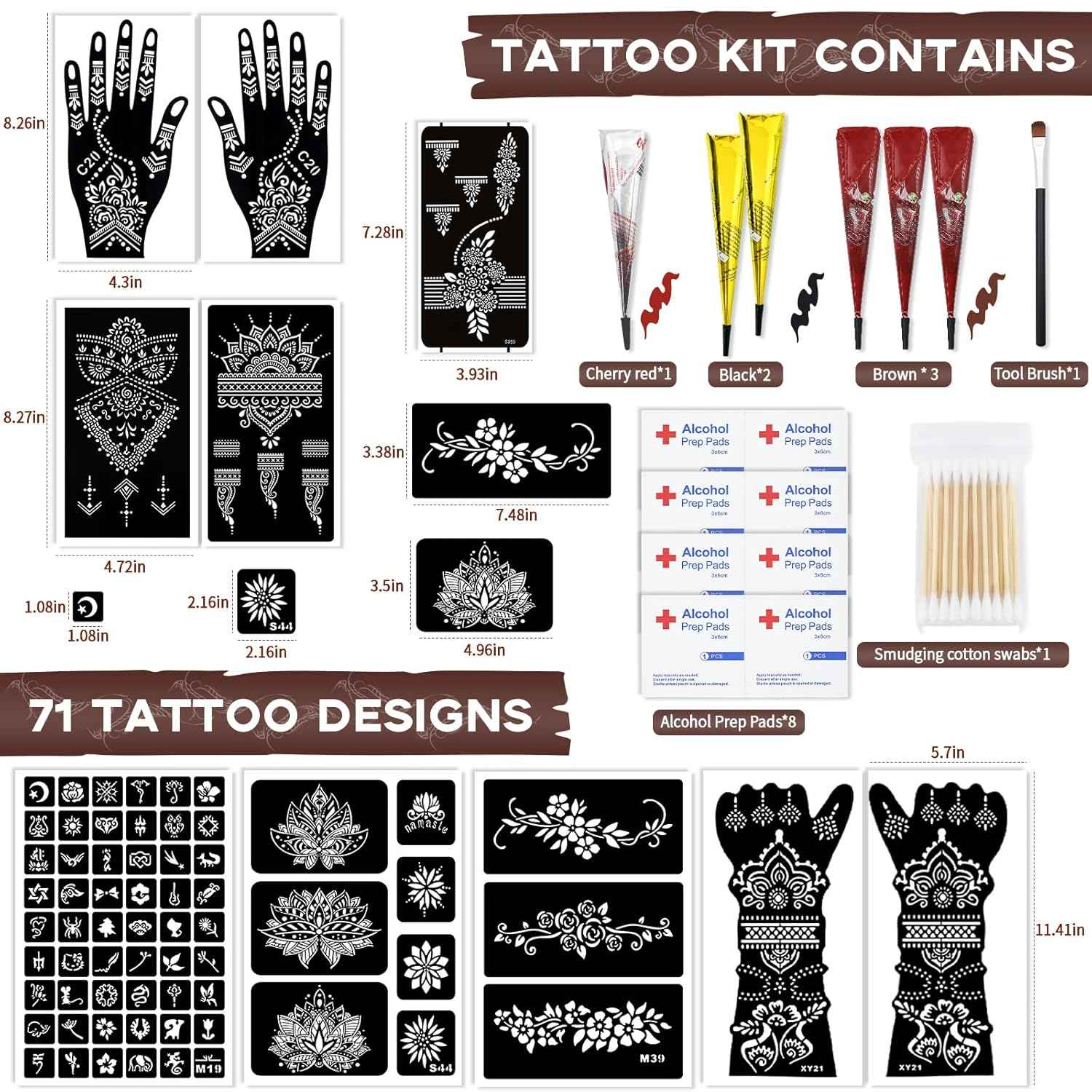 Pro Tattoo Stencil Kit: 10 Design Sheets + 6 Inks (Blk/Brn/Red) with Brush & Swabs | DIY Temporary Body Art for Adults & Kids - Yopela
