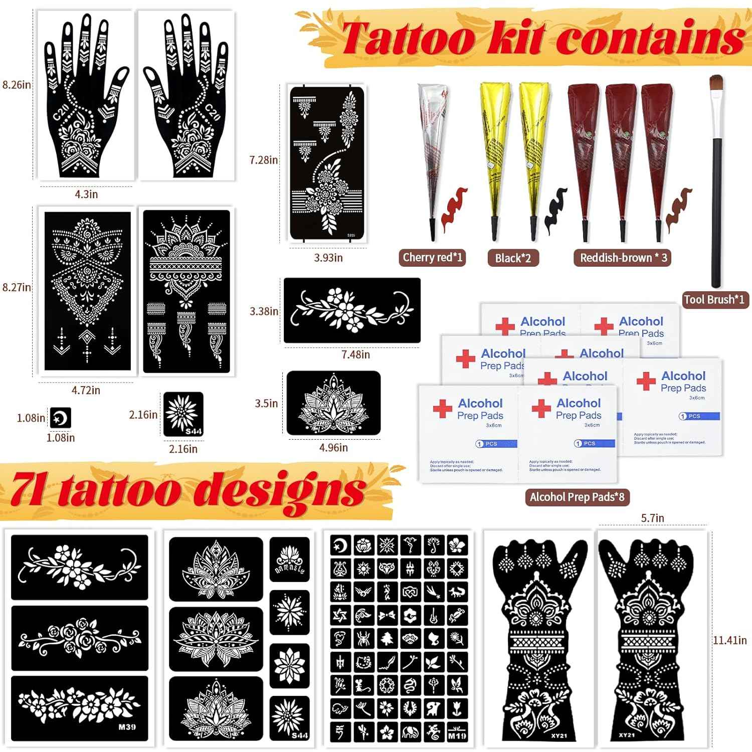 Temporary Tattoo Stencil Kit - 10 Large Hand & Arm Design Sheets & 6 Color Inks for Professional, Non-Toxic DIY Body Art for Adults & Kids - Yopela