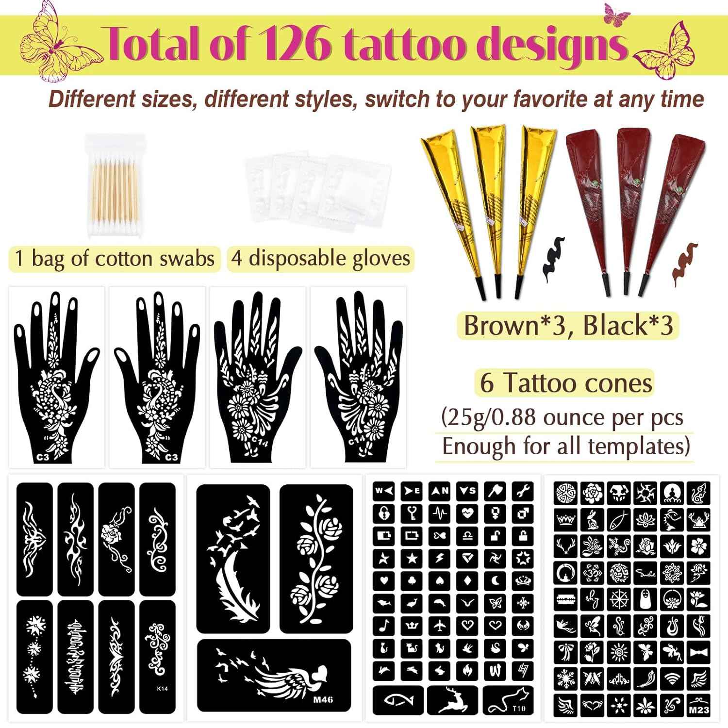 126 PCS Temporary Tattoos Kit with 6 Pcs 2 Color Ink and Gloves for Body Art DIY - Yopela