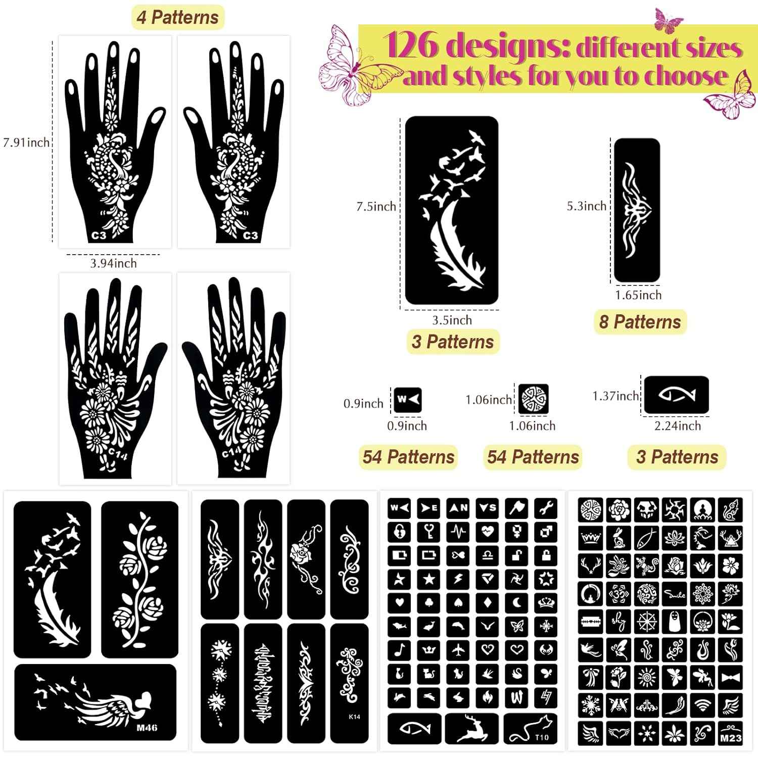 126 PCS Temporary Tattoos Kit with 6 Pcs 2 Color Ink and Gloves for Body Art DIY - Yopela