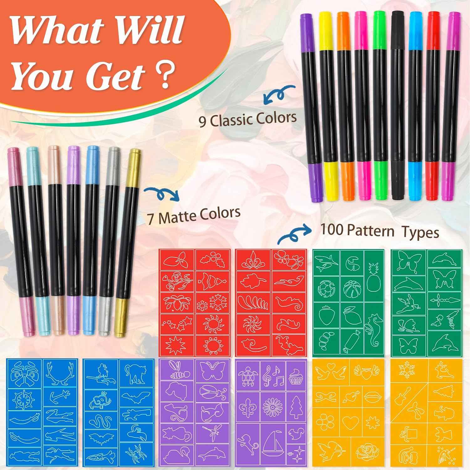 Temporary Tattoo Markers for Skin,Dual-End 16 Count Tattoo Pens(9 Classic/7 Matte Colors)+ 100 Stencils,Body Markers Art for Adults and Kids, Cosmetic-Grade
