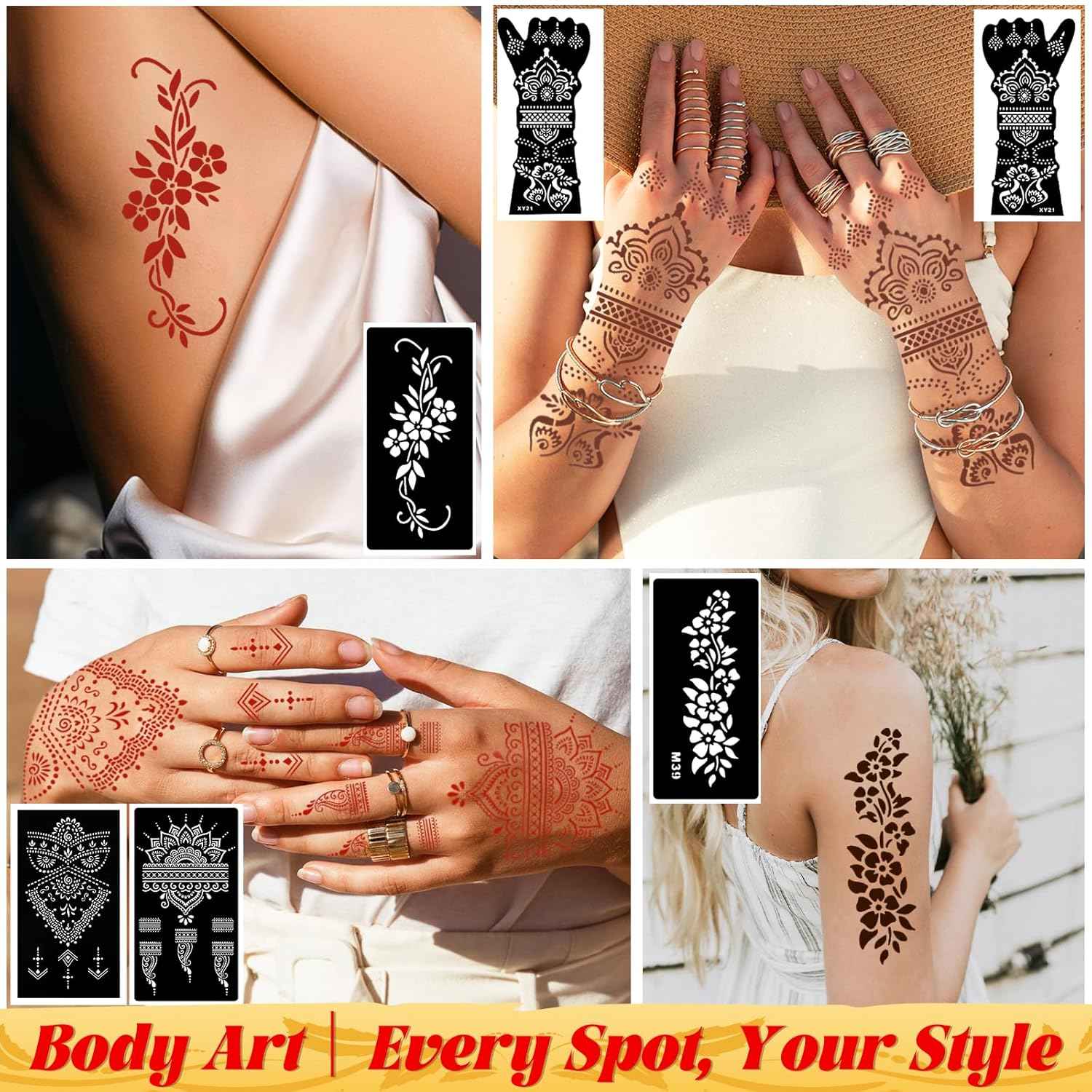 Temporary Tattoo Stencil Kit - 10 Large Hand & Arm Design Sheets & 6 Color Inks for Professional, Non-Toxic DIY Body Art for Adults & Kids - Yopela