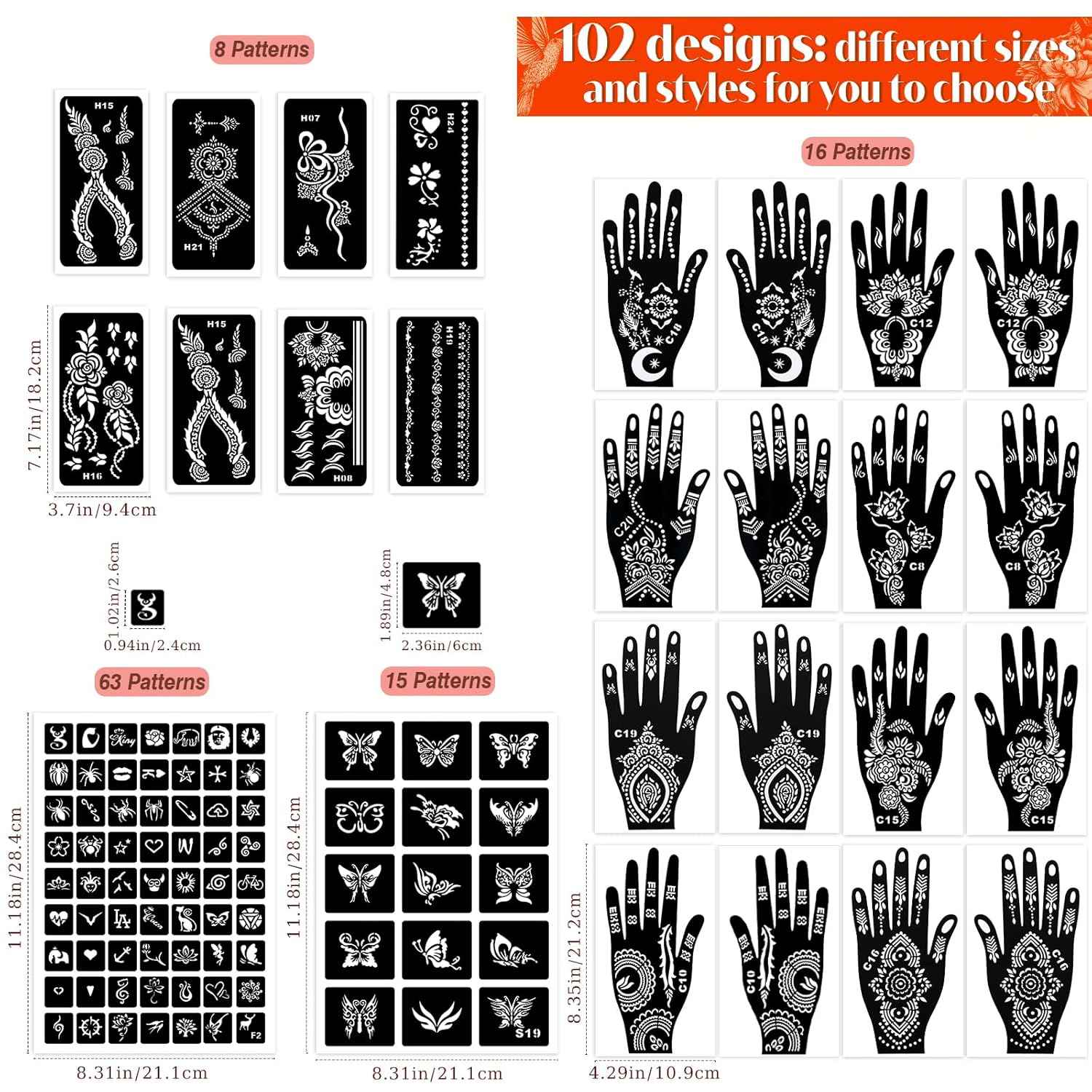 Temporary Tattoos Kit - 8 Pcs Stencils in 4 Colors (Brown, Black, Cherry Red, Green) with Ink and Gloves, DIY Body Art for Adults and Kids - Yopela
