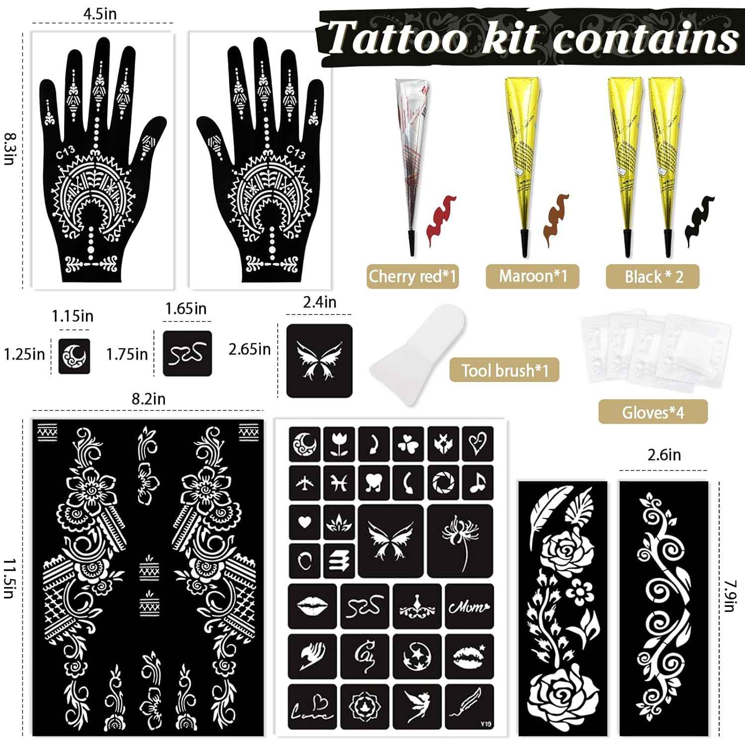 Pro Tattoo Stencil Kit: 4 Inks (2 Blk/1 Mrn/1 Red) with Brush & Gloves | Easy DIY Temporary Body Art for Adults, Kids & Parties - Yopela