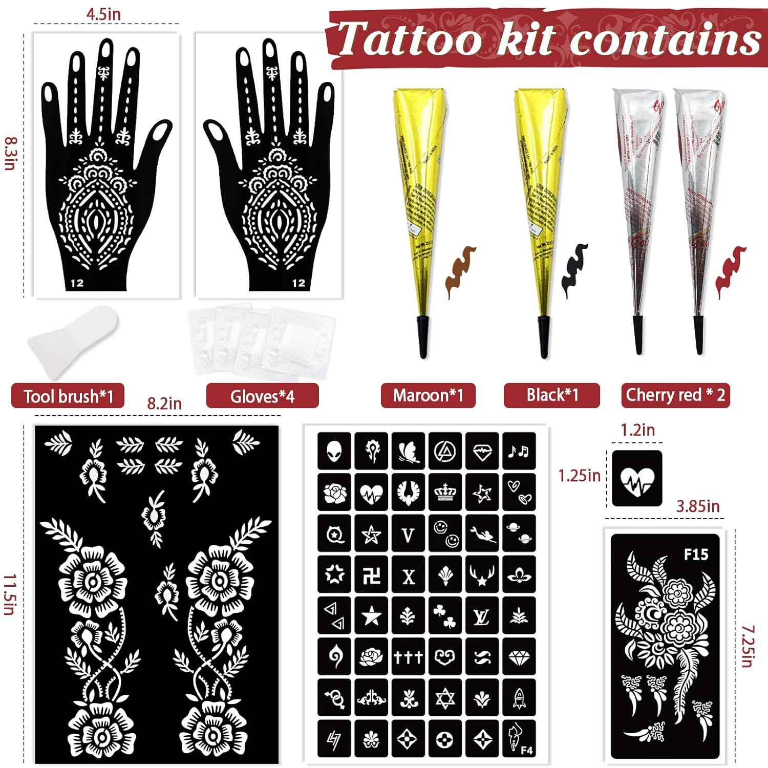 Tattoo Stencil Kit - 4 Transfer Inks, Brush & Gloves for Professional DIY Temporary Body Art. For Parties, Adults & Kids - Yopela