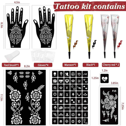 Tattoo Stencil Kit - 4 Transfer Inks, Brush & Gloves for Professional DIY Temporary Body Art. For Parties, Adults & Kids - Yopela
