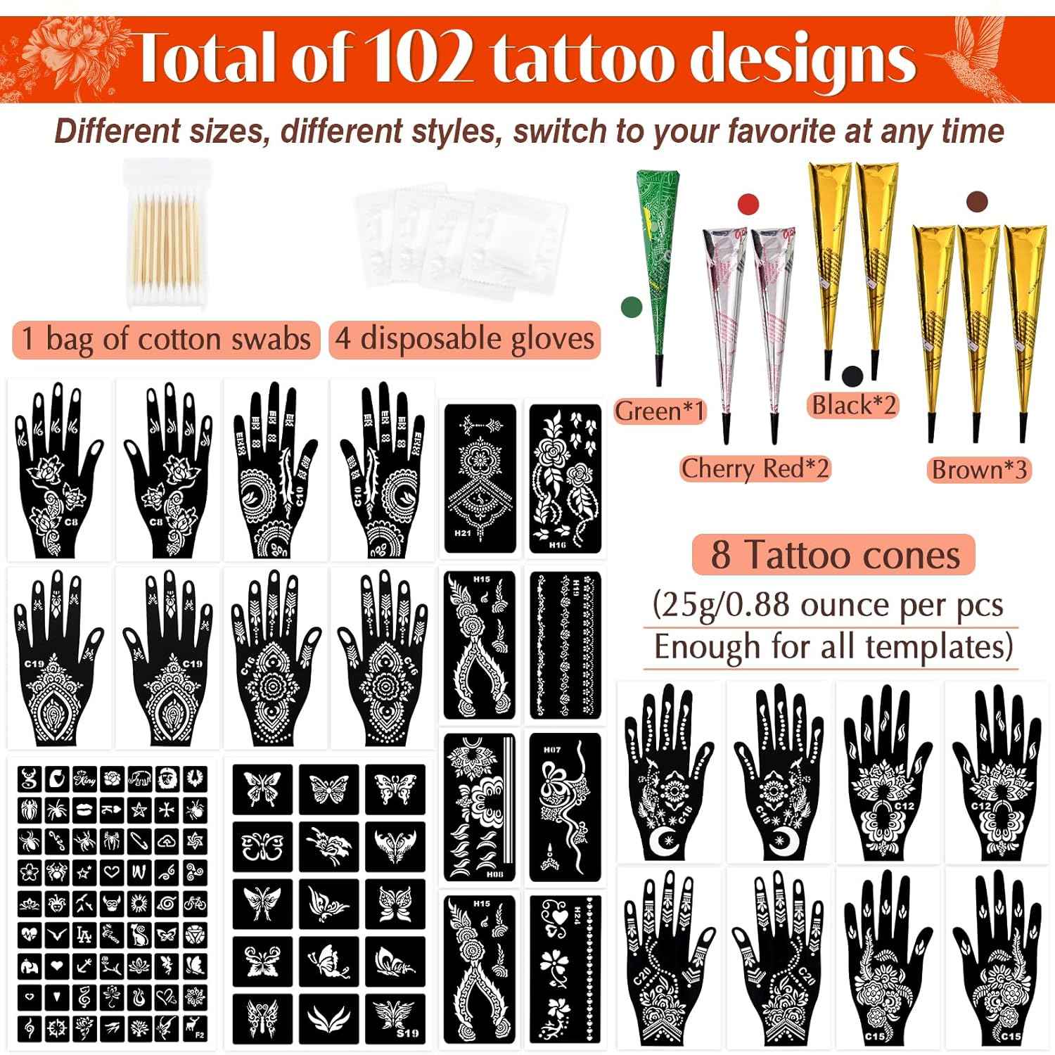 Temporary Tattoos Kit - 8 Pcs Stencils in 4 Colors (Brown, Black, Cherry Red, Green) with Ink and Gloves, DIY Body Art for Adults and Kids - Yopela