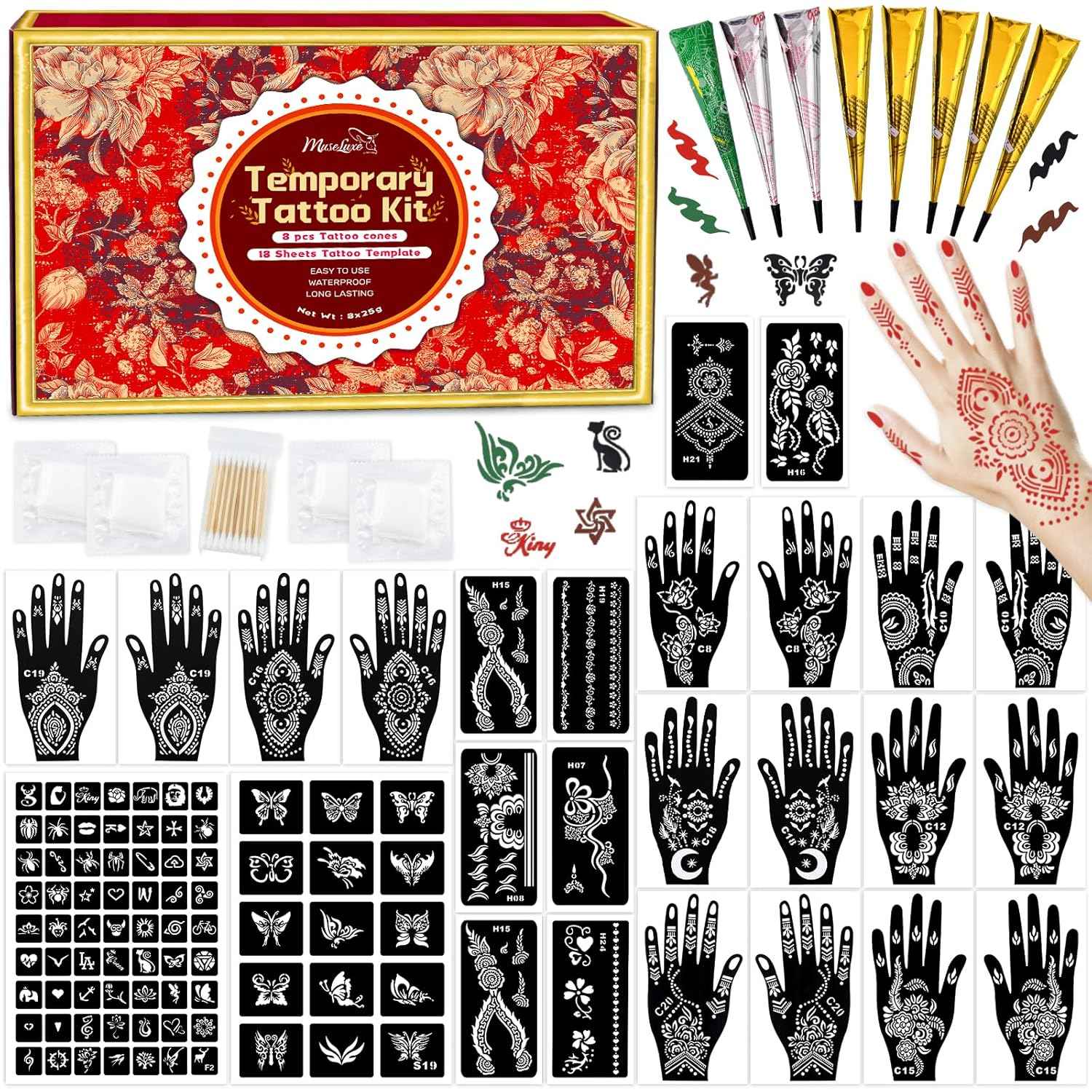 Temporary Tattoos Kit - 8 Pcs Stencils in 4 Colors (Brown, Black, Cherry Red, Green) with Ink and Gloves, DIY Body Art for Adults and Kids - Yopela
